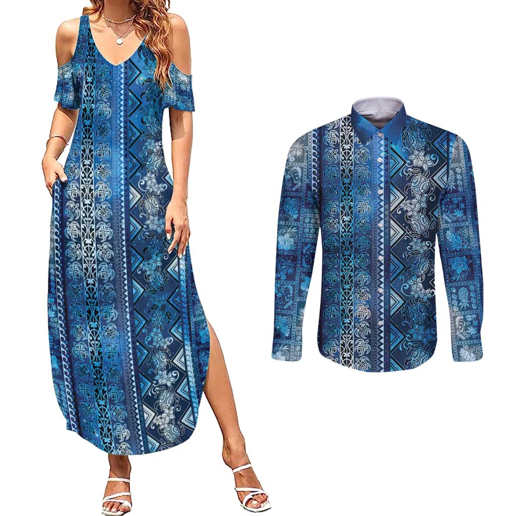 Hawaii Makahiki Turtle Couples Matching Summer Maxi Dress and Long Sleeve Button Shirt Galaxy Tapa Pattern - Polynesian Pride