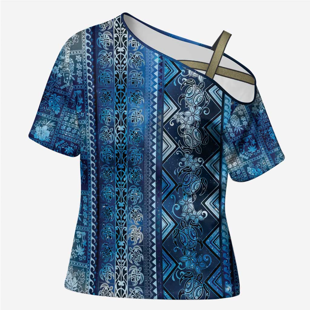 Hawaii Makahiki Turtle Cross Shoulder Shirt Galaxy Tapa Pattern - Polynesian Pride