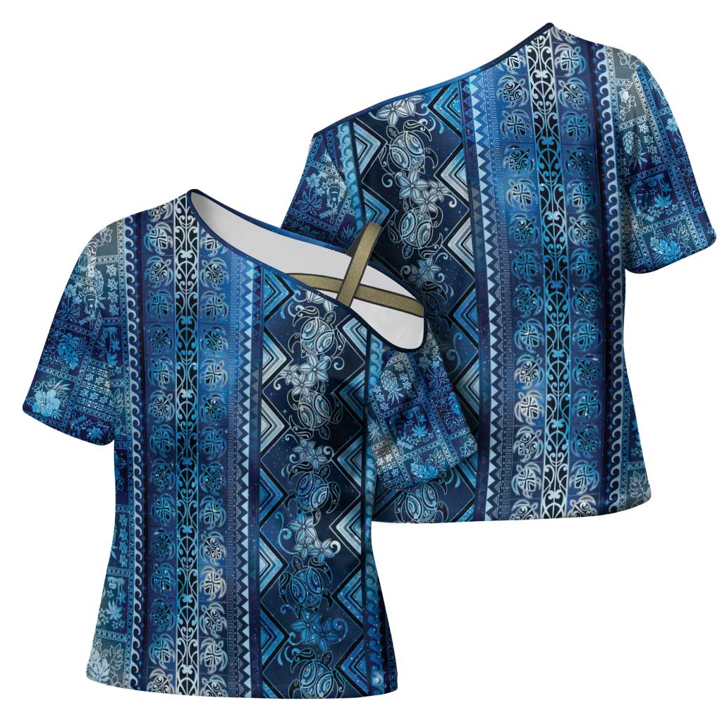 Hawaii Makahiki Turtle Cross Shoulder Shirt Galaxy Tapa Pattern - Polynesian Pride