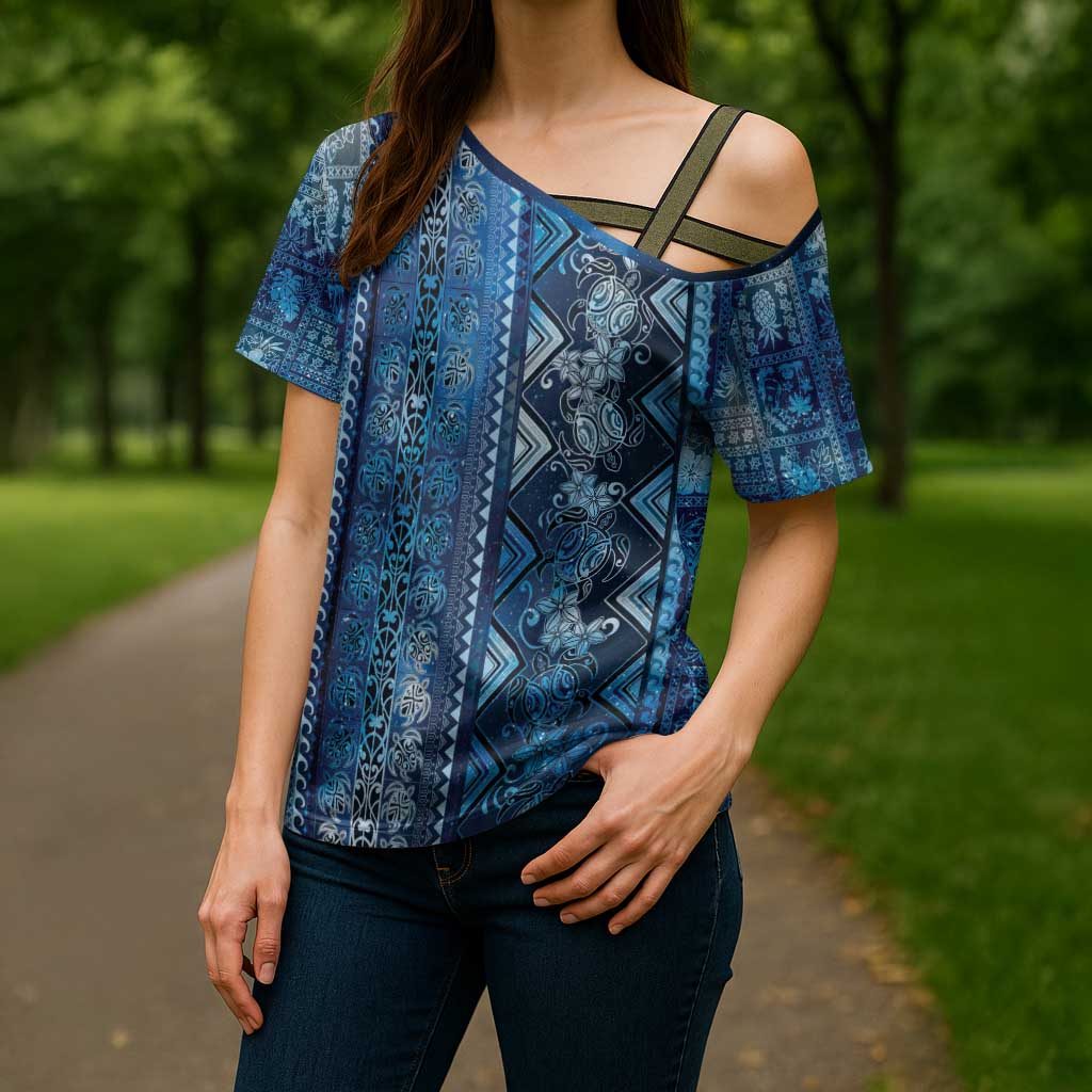 Hawaii Makahiki Turtle Cross Shoulder Shirt Galaxy Tapa Pattern - Polynesian Pride