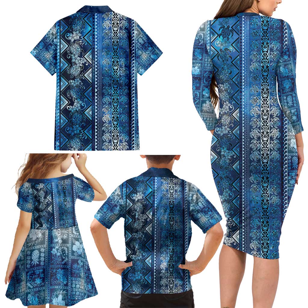 Hawaii Makahiki Turtle Family Matching Long Sleeve Bodycon Dress and Hawaiian Shirt Galaxy Tapa Pattern - Polynesian Pride