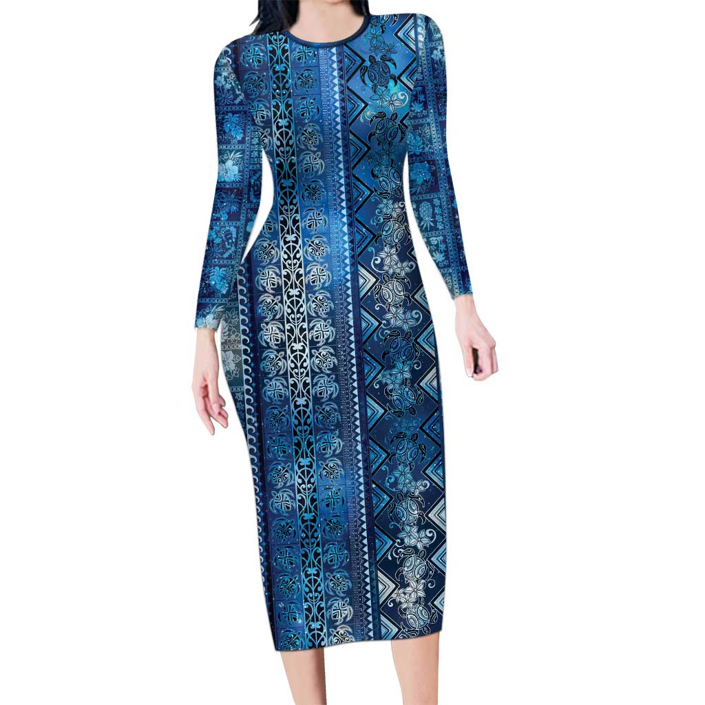 Hawaii Makahiki Turtle Family Matching Long Sleeve Bodycon Dress and Hawaiian Shirt Galaxy Tapa Pattern - Polynesian Pride