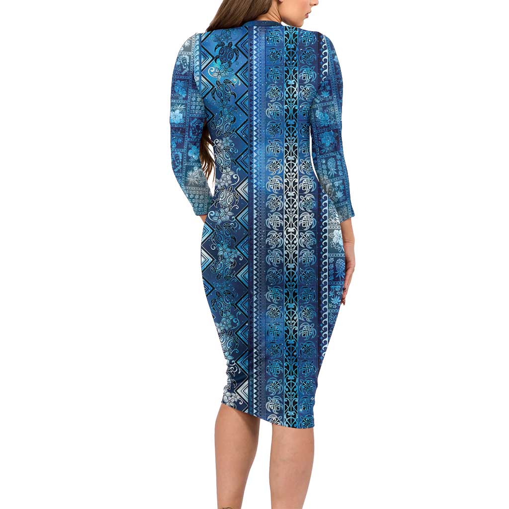 Hawaii Makahiki Turtle Family Matching Long Sleeve Bodycon Dress and Hawaiian Shirt Galaxy Tapa Pattern - Polynesian Pride