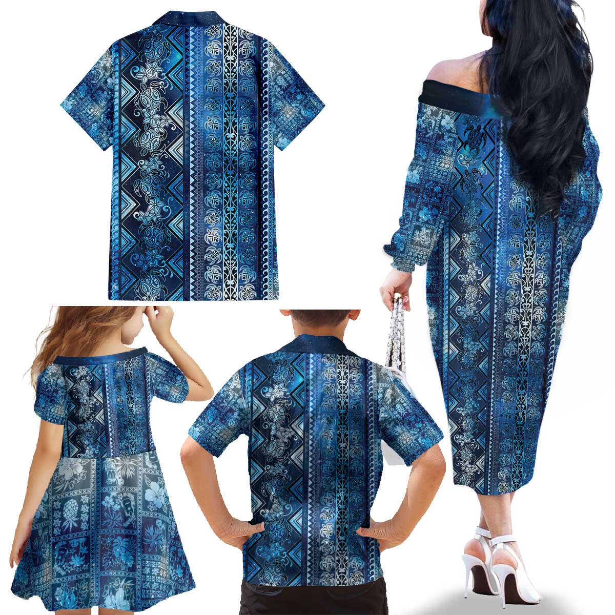 Hawaii Makahiki Turtle Family Matching Off The Shoulder Long Sleeve Dress and Hawaiian Shirt Galaxy Tapa Pattern - Polynesian Pride