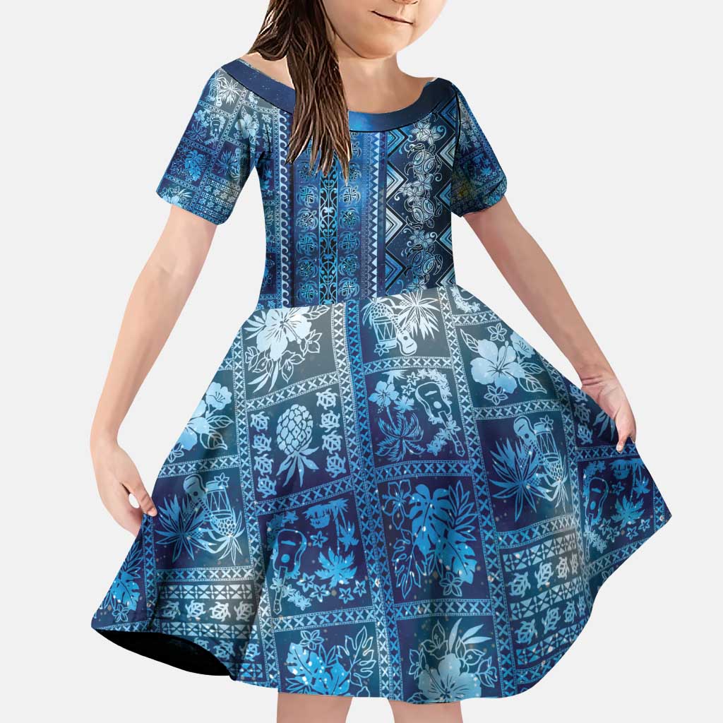 Hawaii Makahiki Turtle Family Matching Puletasi and Hawaiian Shirt Galaxy Tapa Pattern LT05 Daughter's Dress Galaxy - Polynesian Pride