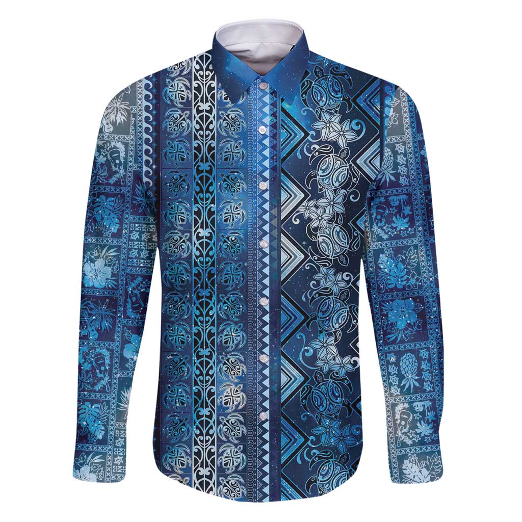 Hawaii Makahiki Turtle Family Matching Puletasi and Hawaiian Shirt Galaxy Tapa Pattern LT05 Dad's Shirt - Long Sleeve Galaxy - Polynesian Pride