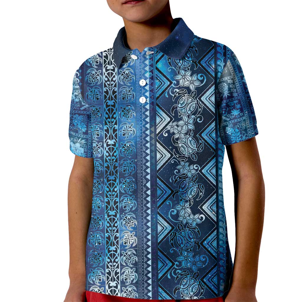 Hawaii Makahiki Turtle Kid Polo Shirt Galaxy Tapa Pattern - Polynesian Pride