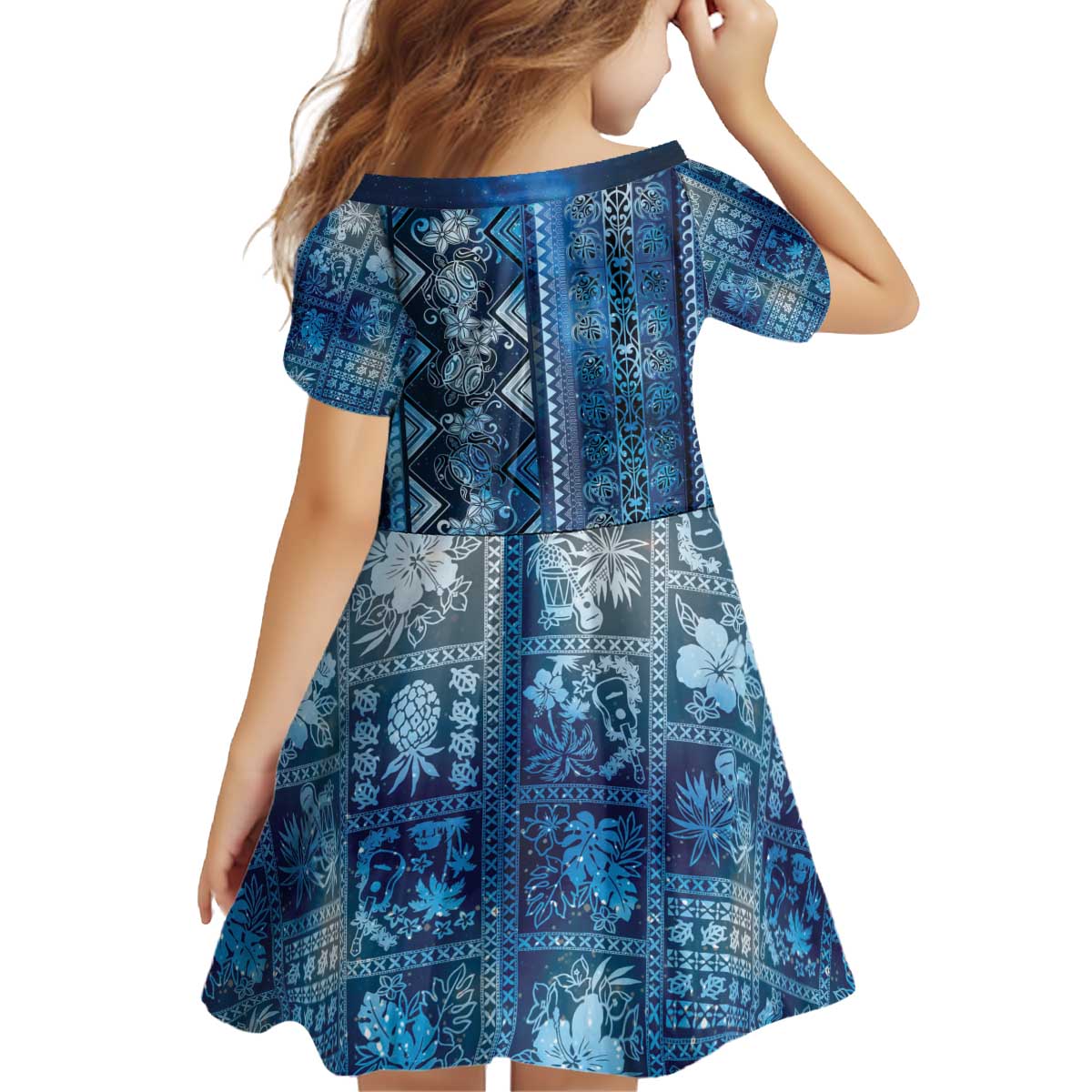 Hawaii Makahiki Turtle Kid Short Sleeve Dress Galaxy Tapa Pattern - Polynesian Pride
