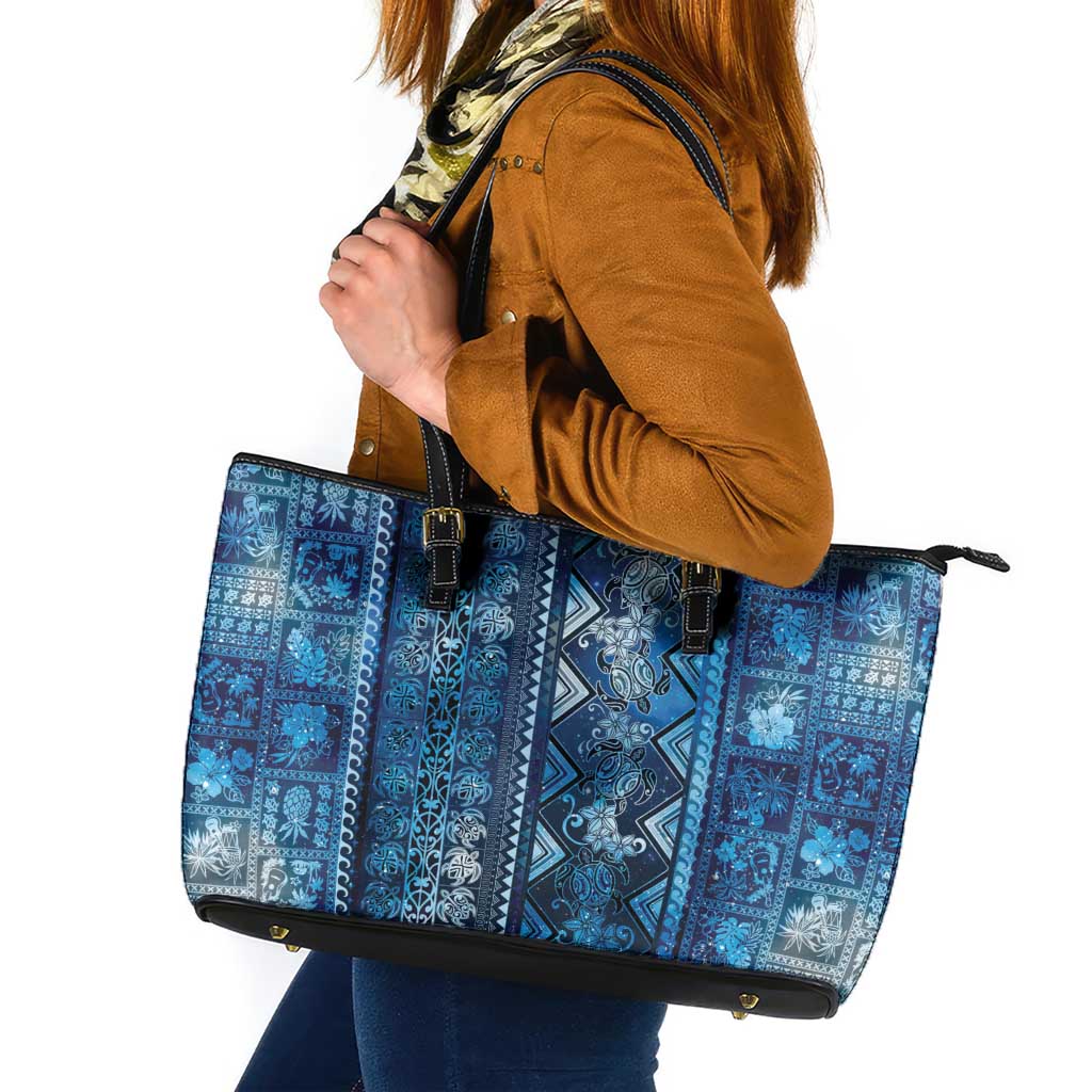 Hawaii Makahiki Turtle Leather Tote Bag Galaxy Tapa Pattern - Polynesian Pride