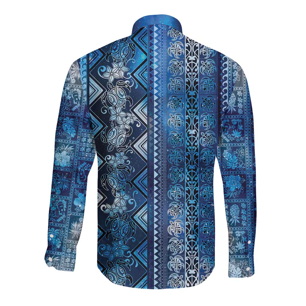 Hawaii Makahiki Turtle Long Sleeve Button Shirt Galaxy Tapa Pattern - Polynesian Pride