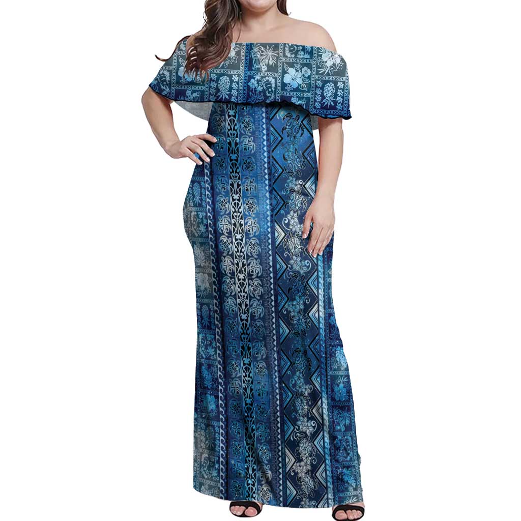 Hawaii Makahiki Turtle Off Shoulder Maxi Dress Galaxy Tapa Pattern - Polynesian Pride