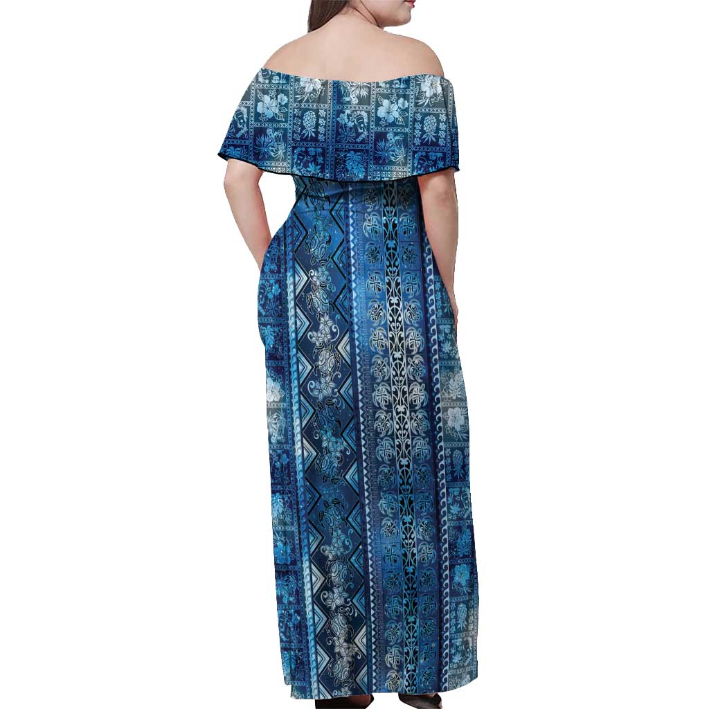 Hawaii Makahiki Turtle Off Shoulder Maxi Dress Galaxy Tapa Pattern - Polynesian Pride