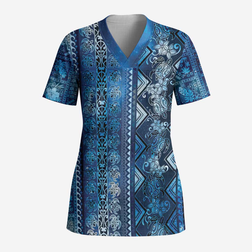Hawaii Makahiki Turtle Scrub Top Galaxy Tapa Pattern - Polynesian Pride