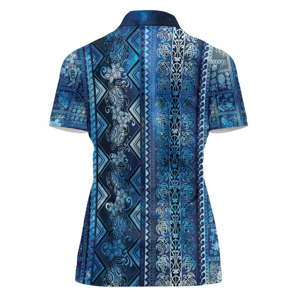 Hawaii Makahiki Turtle Women Polo Shirt Galaxy Tapa Pattern - Polynesian Pride