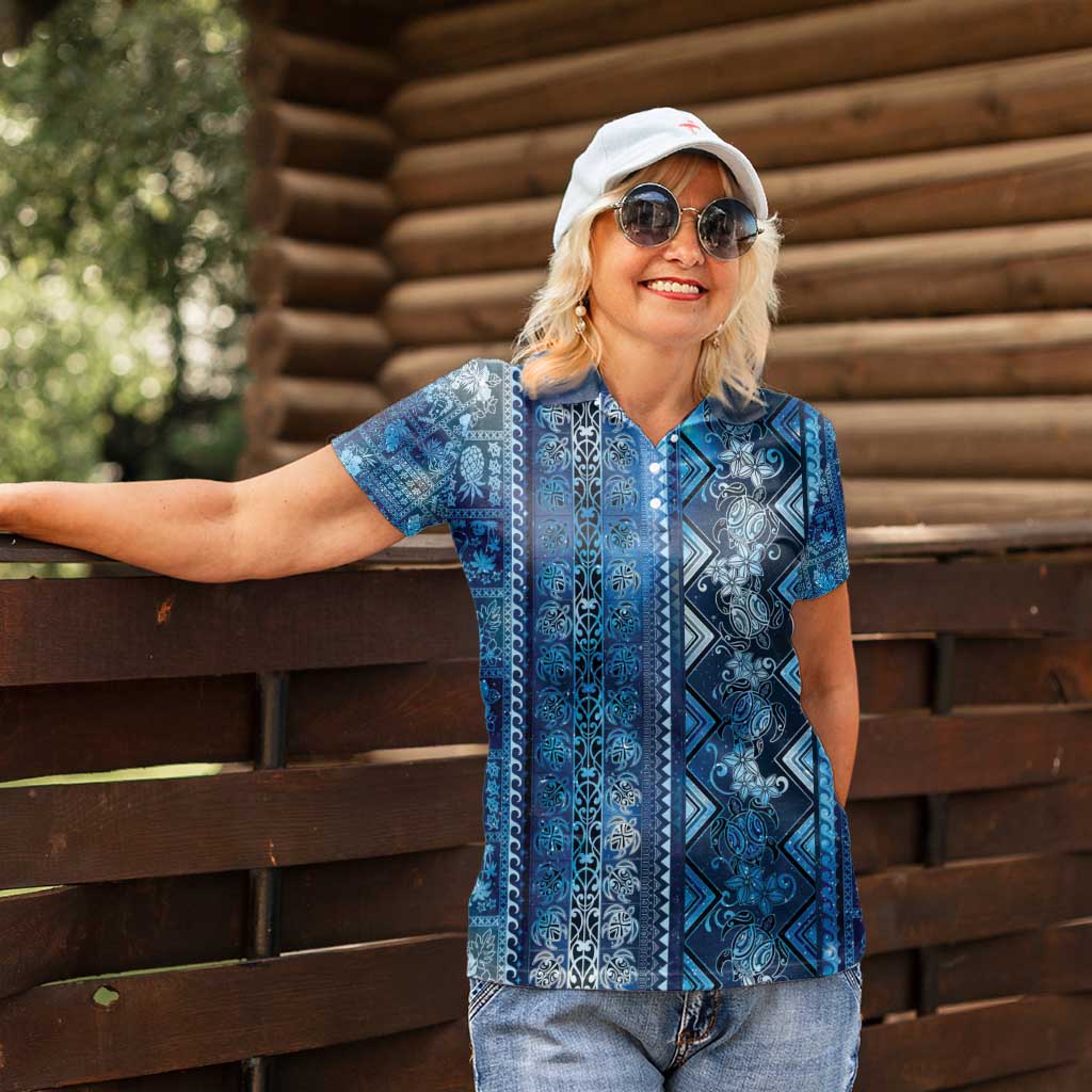 Hawaii Makahiki Turtle Women Polo Shirt Galaxy Tapa Pattern - Polynesian Pride