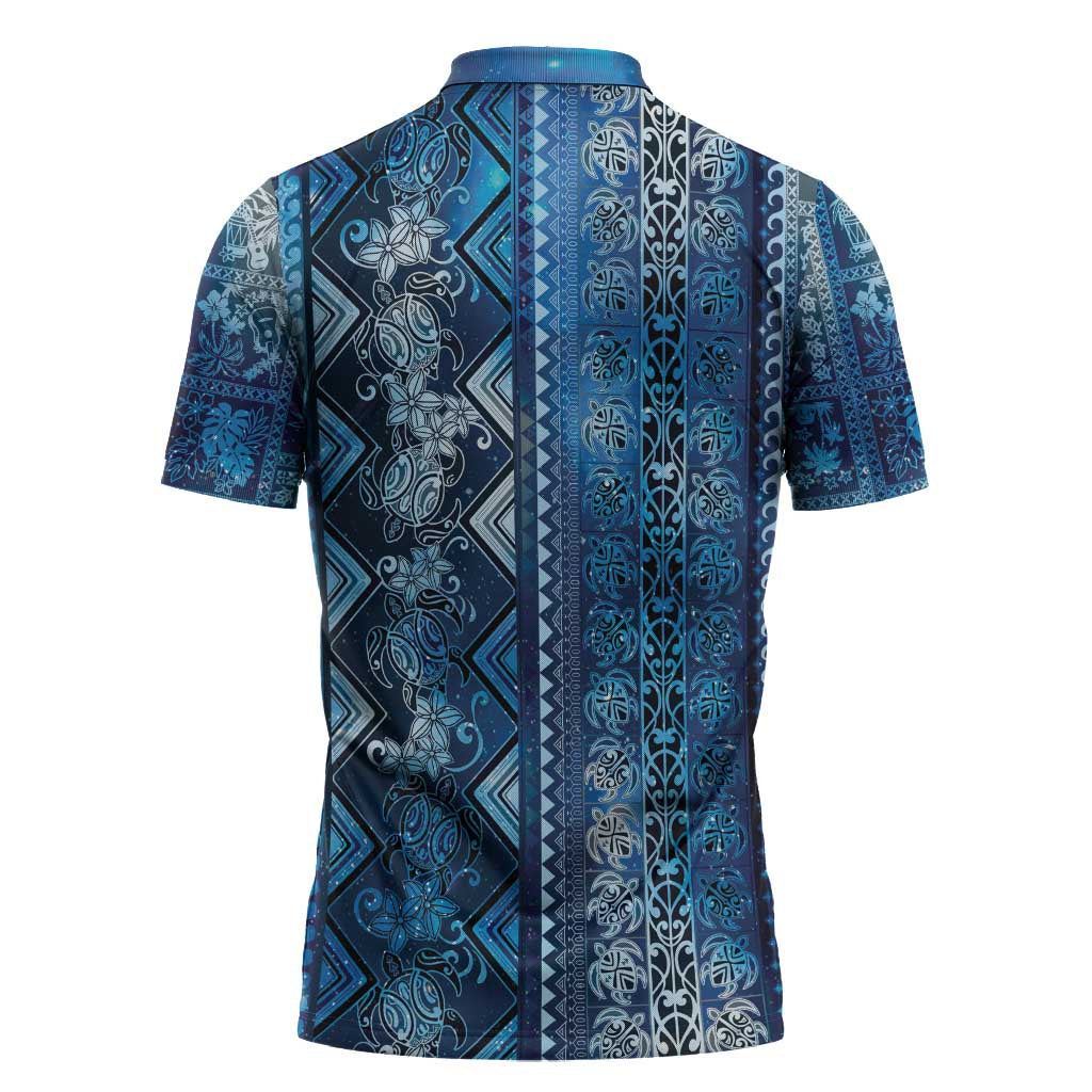 Hawaii Makahiki Turtle Zipper Polo Shirt Galaxy Tapa Pattern - Polynesian Pride