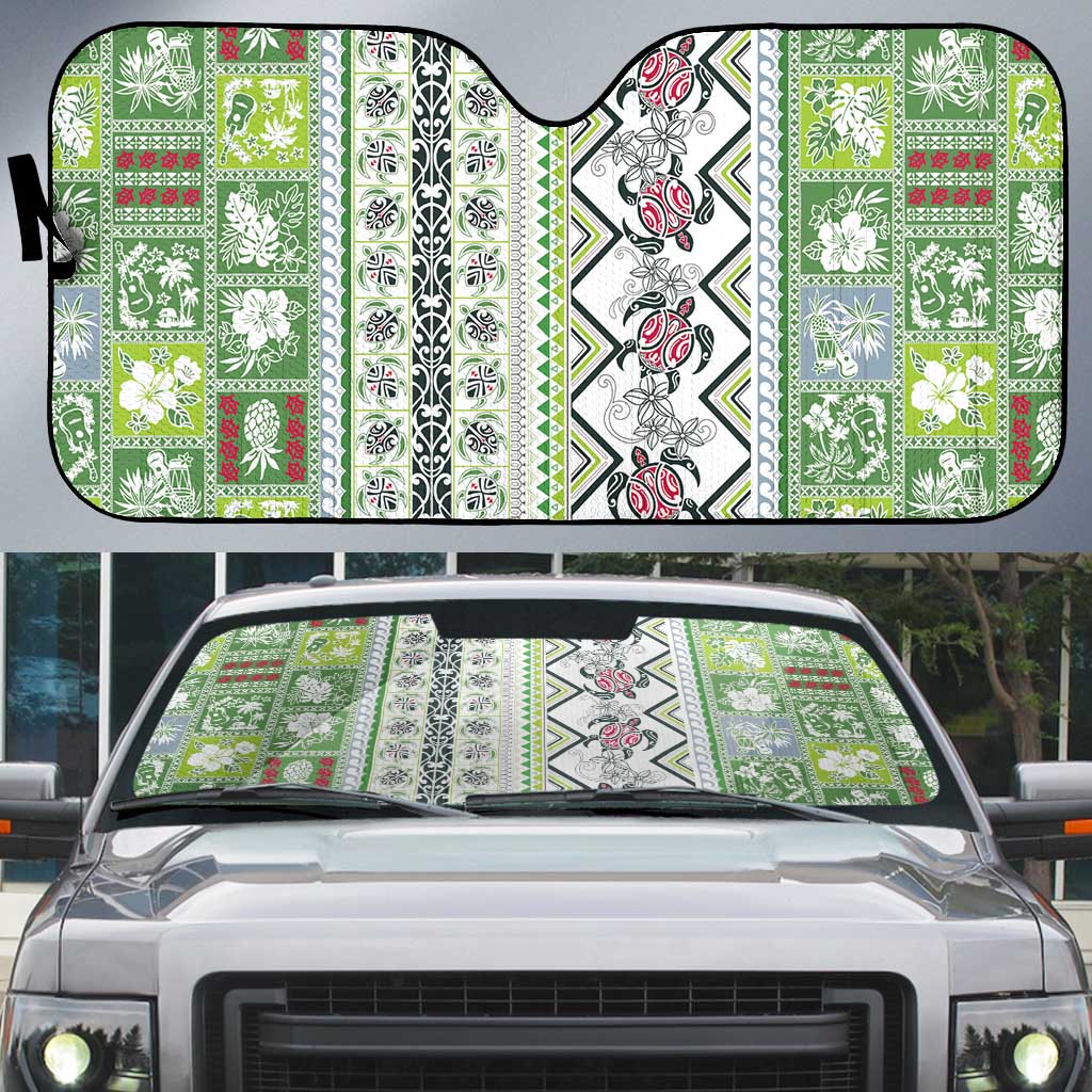Hawaii Makahiki Turtle Auto Sun Shade Green Tapa Pattern - Polynesian Pride