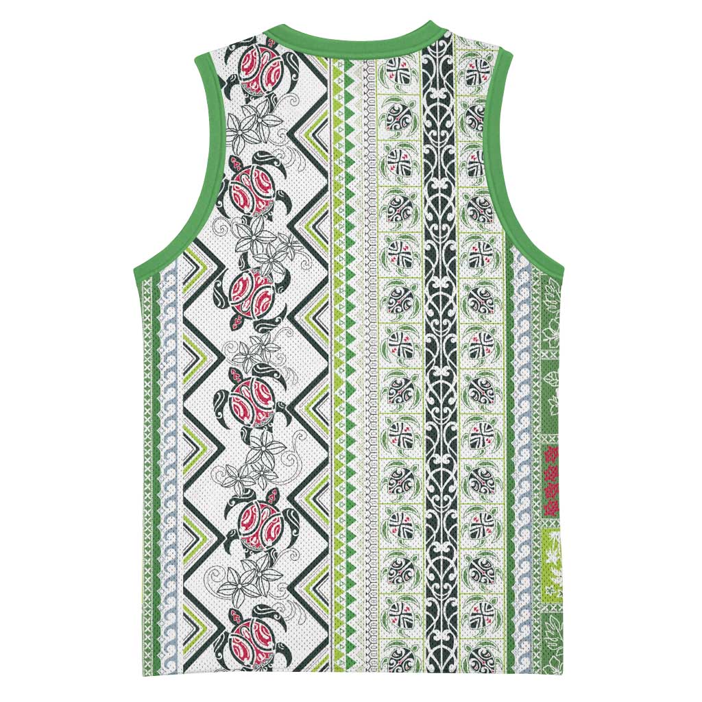 Hawaii Makahiki Turtle Basketball Jersey Green Tapa Pattern - Polynesian Pride