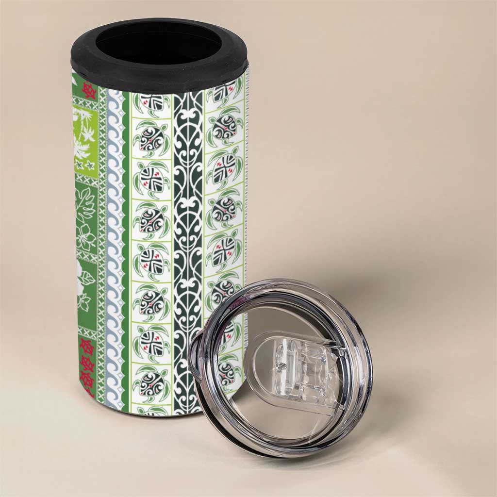 Hawaii Makahiki Turtle 4 in 1 Can Cooler Tumbler Green Tapa Pattern - Polynesian Pride