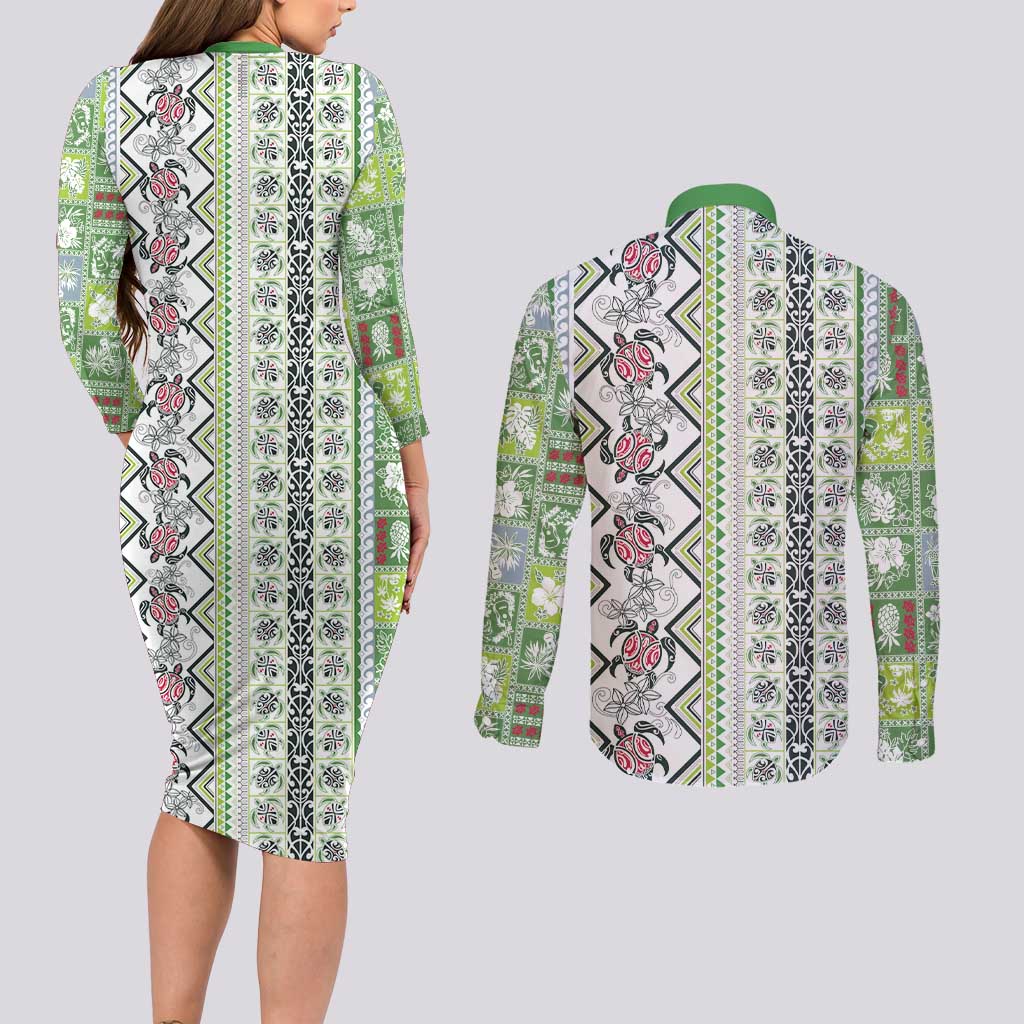 Hawaii Makahiki Turtle Couples Matching Long Sleeve Bodycon Dress and Long Sleeve Button Shirt Green Tapa Pattern - Polynesian Pride