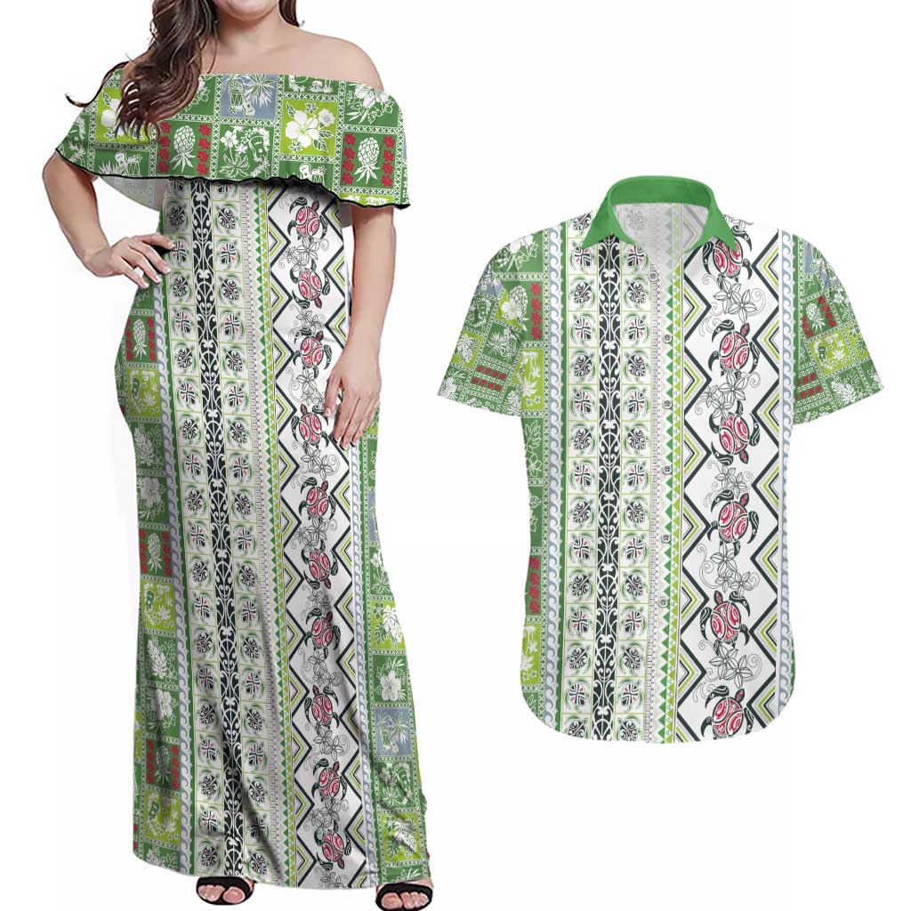 Hawaii Makahiki Turtle Couples Matching Off Shoulder Maxi Dress and Hawaiian Shirt Green Tapa Pattern - Polynesian Pride