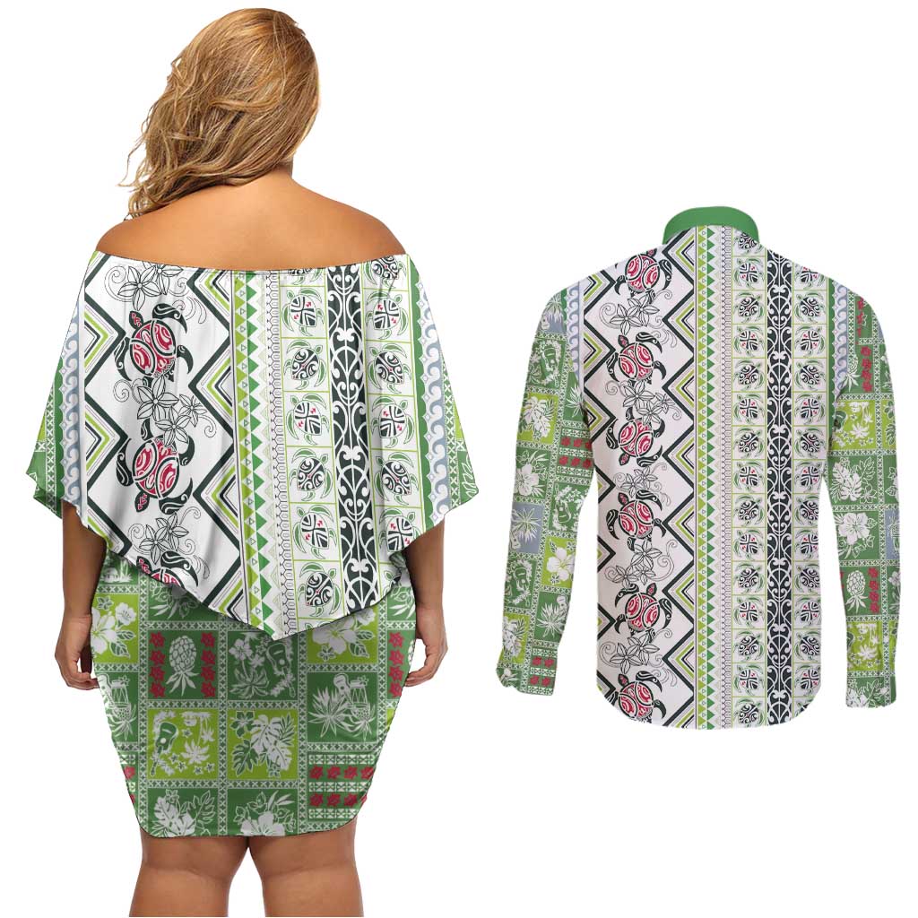 Hawaii Makahiki Turtle Couples Matching Off Shoulder Short Dress and Long Sleeve Button Shirt Green Tapa Pattern - Polynesian Pride