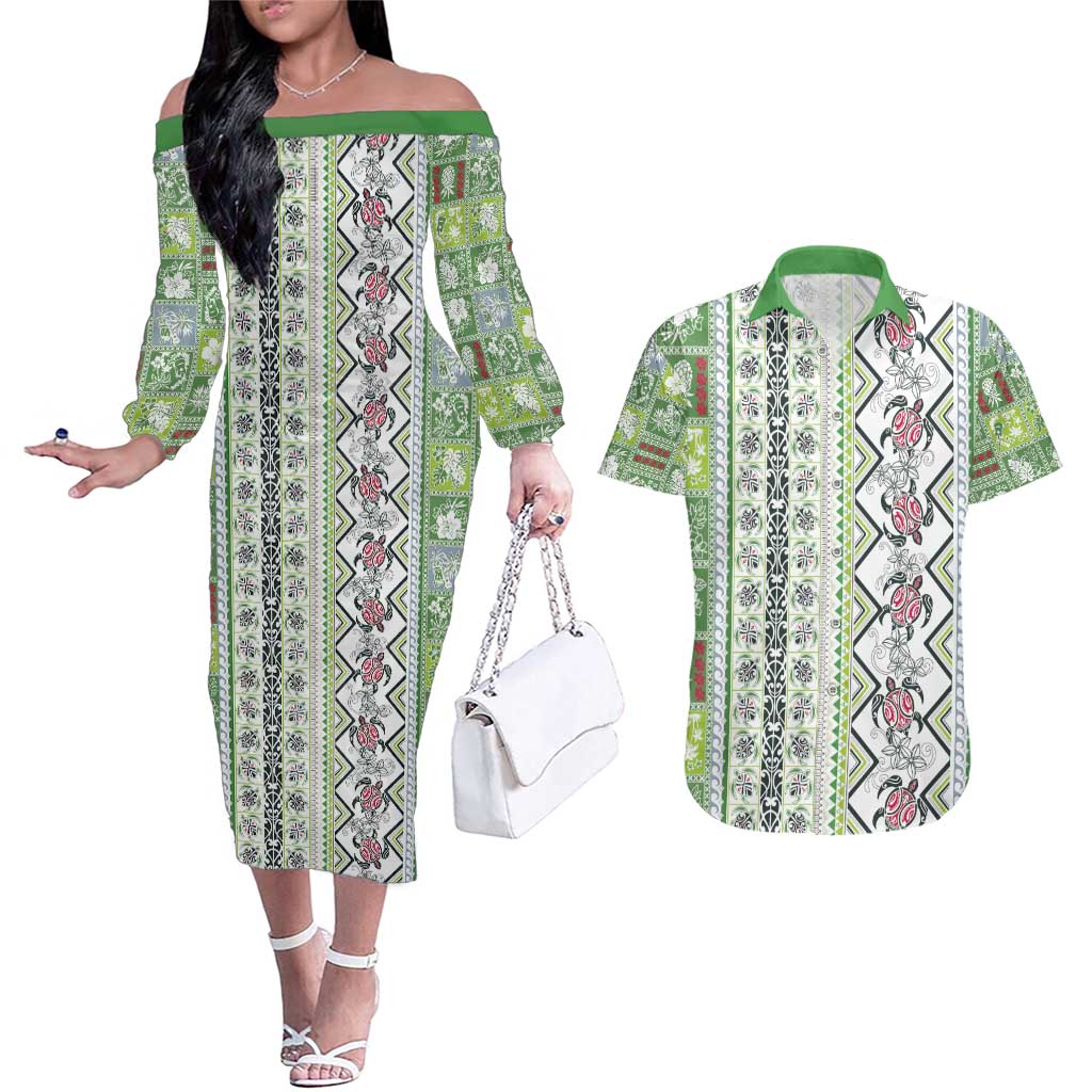 Hawaii Makahiki Turtle Couples Matching Off The Shoulder Long Sleeve Dress and Hawaiian Shirt Green Tapa Pattern - Polynesian Pride