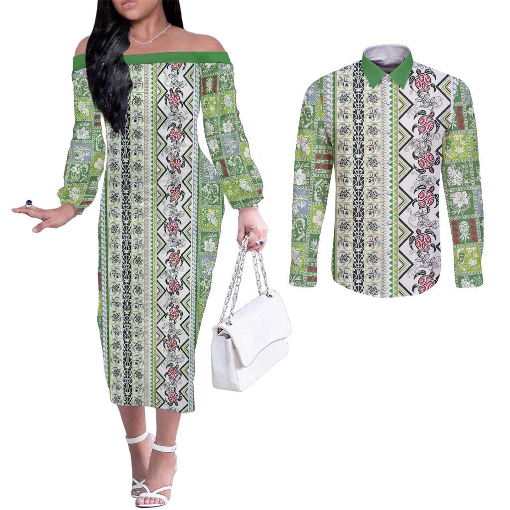 Hawaii Makahiki Turtle Couples Matching Off The Shoulder Long Sleeve Dress and Long Sleeve Button Shirt Green Tapa Pattern - Polynesian Pride