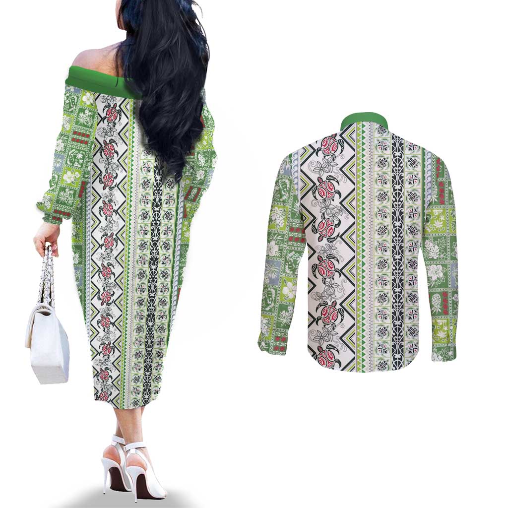 Hawaii Makahiki Turtle Couples Matching Off The Shoulder Long Sleeve Dress and Long Sleeve Button Shirt Green Tapa Pattern - Polynesian Pride