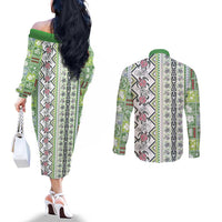 Hawaii Makahiki Turtle Couples Matching Off The Shoulder Long Sleeve Dress and Long Sleeve Button Shirt Green Tapa Pattern - Polynesian Pride
