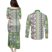Hawaii Makahiki Turtle Couples Matching Puletasi and Long Sleeve Button Shirt Green Tapa Pattern - Polynesian Pride