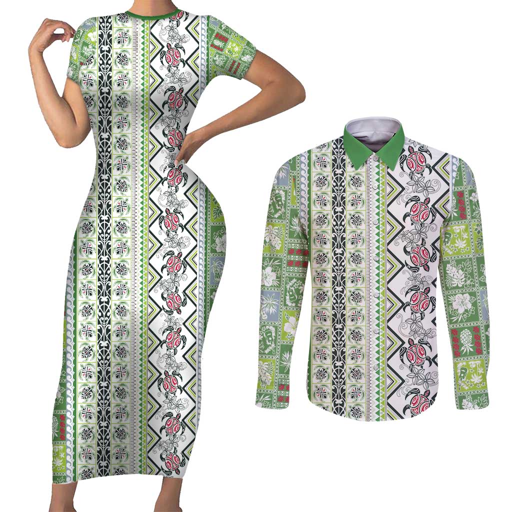 Hawaii Makahiki Turtle Couples Matching Short Sleeve Bodycon Dress and Long Sleeve Button Shirt Green Tapa Pattern - Polynesian Pride