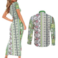 Hawaii Makahiki Turtle Couples Matching Short Sleeve Bodycon Dress and Long Sleeve Button Shirt Green Tapa Pattern - Polynesian Pride