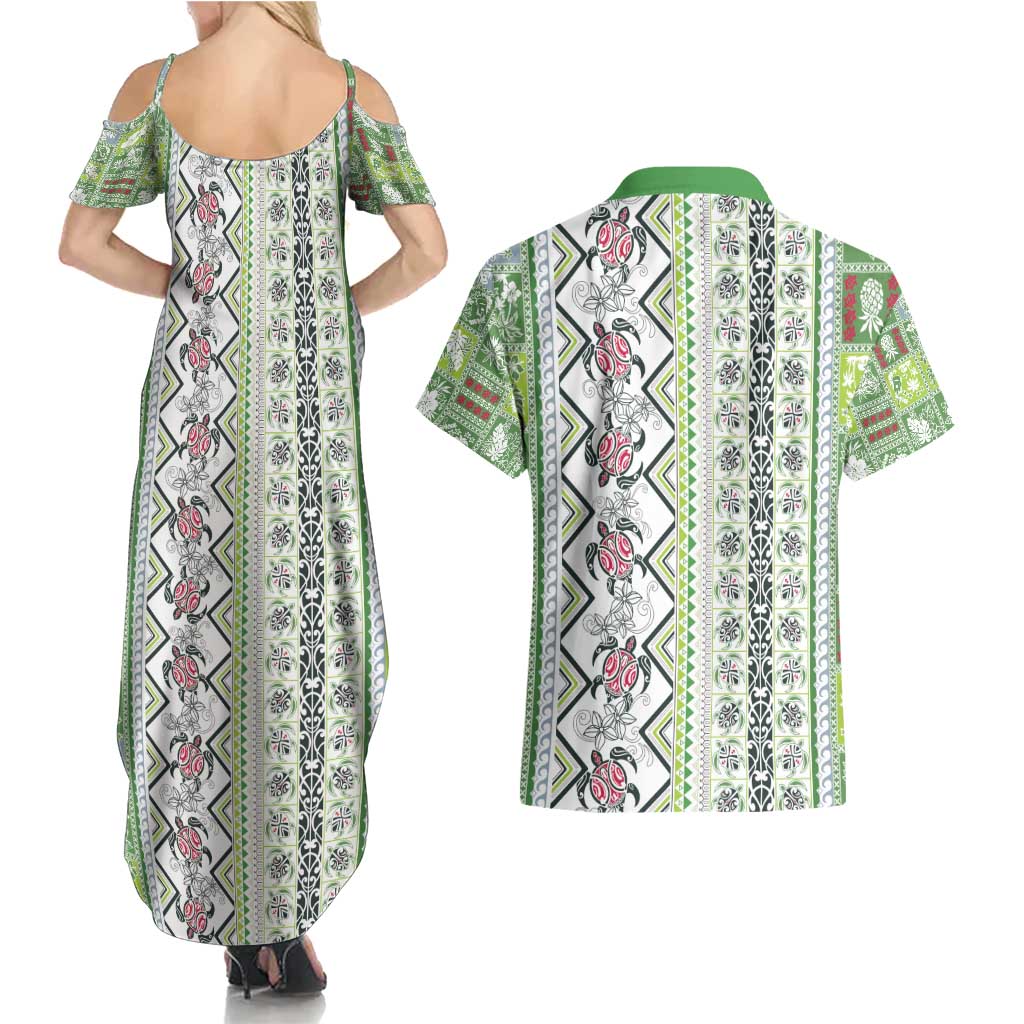 Hawaii Makahiki Turtle Couples Matching Summer Maxi Dress and Hawaiian Shirt Green Tapa Pattern - Polynesian Pride