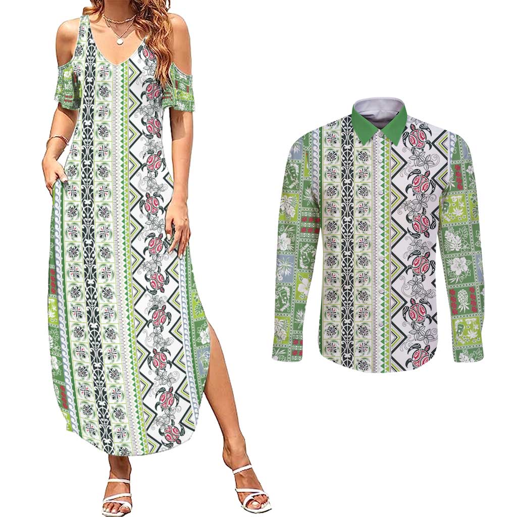 Hawaii Makahiki Turtle Couples Matching Summer Maxi Dress and Long Sleeve Button Shirt Green Tapa Pattern - Polynesian Pride