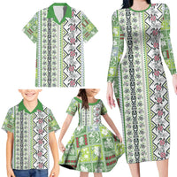 Hawaii Makahiki Turtle Family Matching Long Sleeve Bodycon Dress and Hawaiian Shirt Green Tapa Pattern - Polynesian Pride