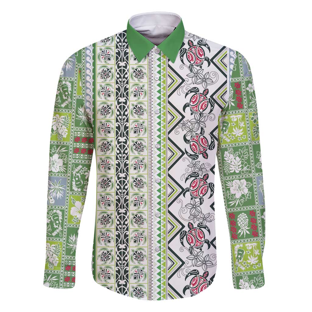 Hawaii Makahiki Turtle Family Matching Long Sleeve Bodycon Dress and Hawaiian Shirt Green Tapa Pattern - Polynesian Pride