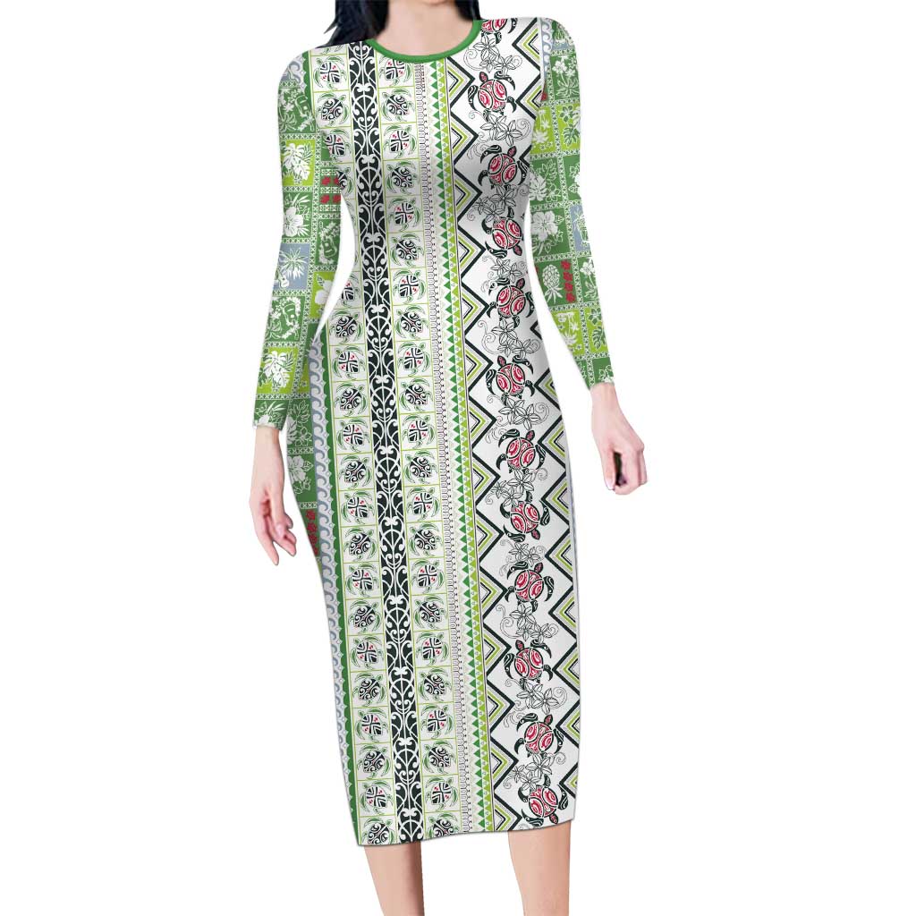Hawaii Makahiki Turtle Family Matching Long Sleeve Bodycon Dress and Hawaiian Shirt Green Tapa Pattern - Polynesian Pride