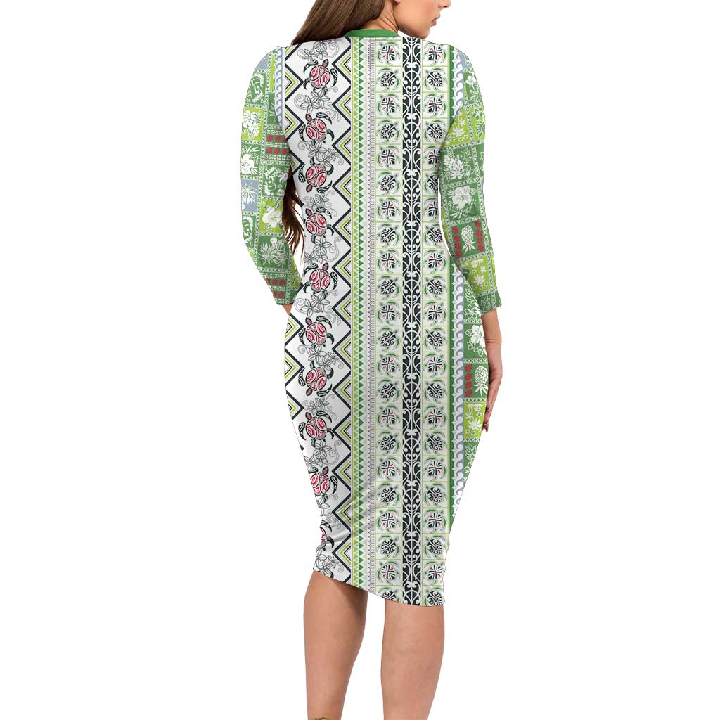 Hawaii Makahiki Turtle Family Matching Long Sleeve Bodycon Dress and Hawaiian Shirt Green Tapa Pattern - Polynesian Pride