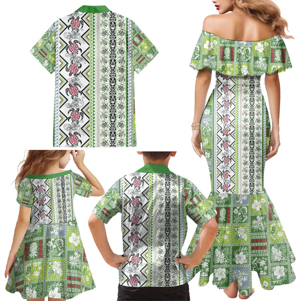 Hawaii Makahiki Turtle Family Matching Mermaid Dress and Hawaiian Shirt Green Tapa Pattern - Polynesian Pride