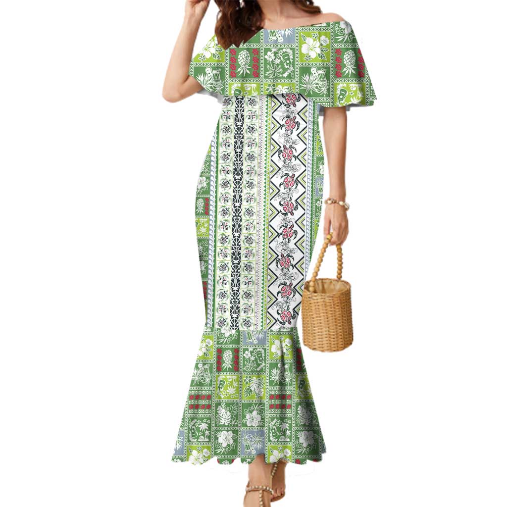 Hawaii Makahiki Turtle Family Matching Mermaid Dress and Hawaiian Shirt Green Tapa Pattern - Polynesian Pride