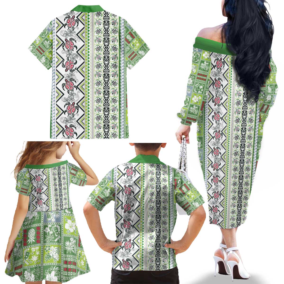 Hawaii Makahiki Turtle Family Matching Off The Shoulder Long Sleeve Dress and Hawaiian Shirt Green Tapa Pattern - Polynesian Pride