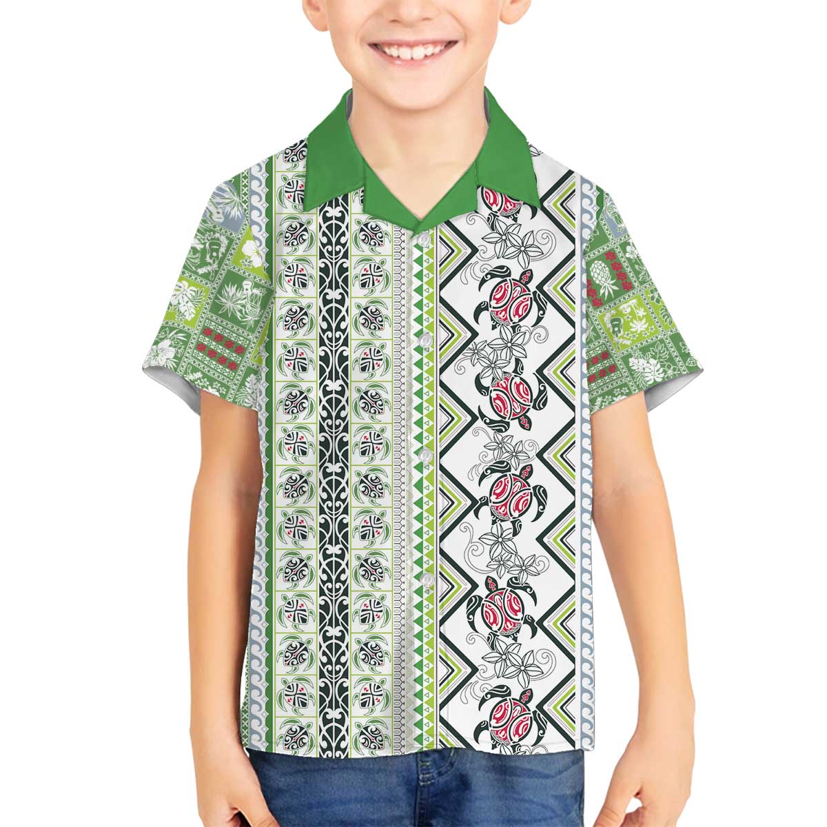 Hawaii Makahiki Turtle Family Matching Off The Shoulder Long Sleeve Dress and Hawaiian Shirt Green Tapa Pattern - Polynesian Pride