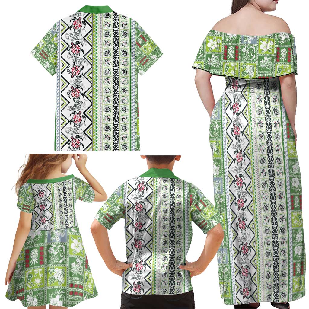Hawaii Makahiki Turtle Family Matching Off Shoulder Maxi Dress and Hawaiian Shirt Green Tapa Pattern - Polynesian Pride