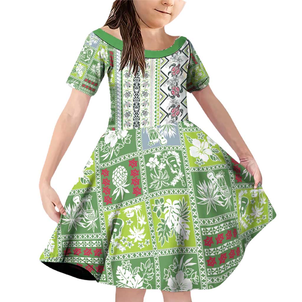 Hawaii Makahiki Turtle Family Matching Off Shoulder Short Dress and Hawaiian Shirt Green Tapa Pattern - Polynesian Pride