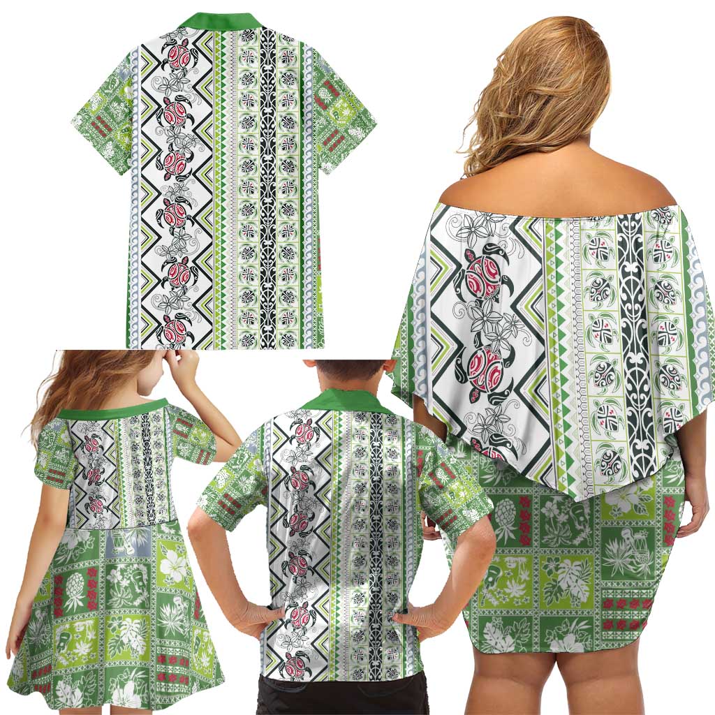 Hawaii Makahiki Turtle Family Matching Off Shoulder Short Dress and Hawaiian Shirt Green Tapa Pattern - Polynesian Pride