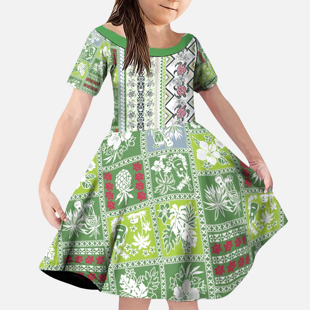 Hawaii Makahiki Turtle Family Matching Puletasi and Hawaiian Shirt Green Tapa Pattern LT05 Daughter's Dress Green - Polynesian Pride