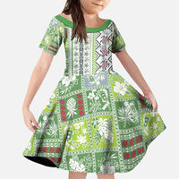 Hawaii Makahiki Turtle Family Matching Puletasi and Hawaiian Shirt Green Tapa Pattern LT05 Daughter's Dress Green - Polynesian Pride