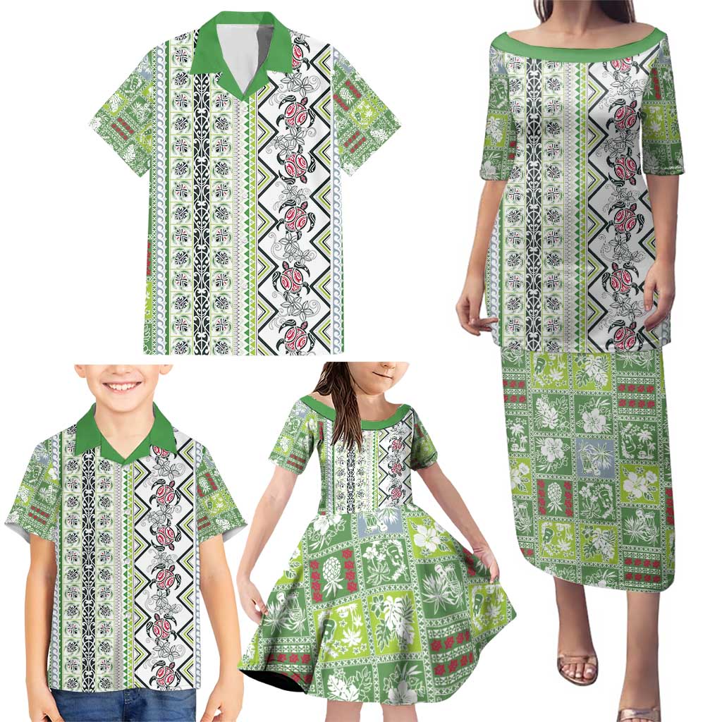 Hawaii Makahiki Turtle Family Matching Puletasi and Hawaiian Shirt Green Tapa Pattern LT05 - Polynesian Pride