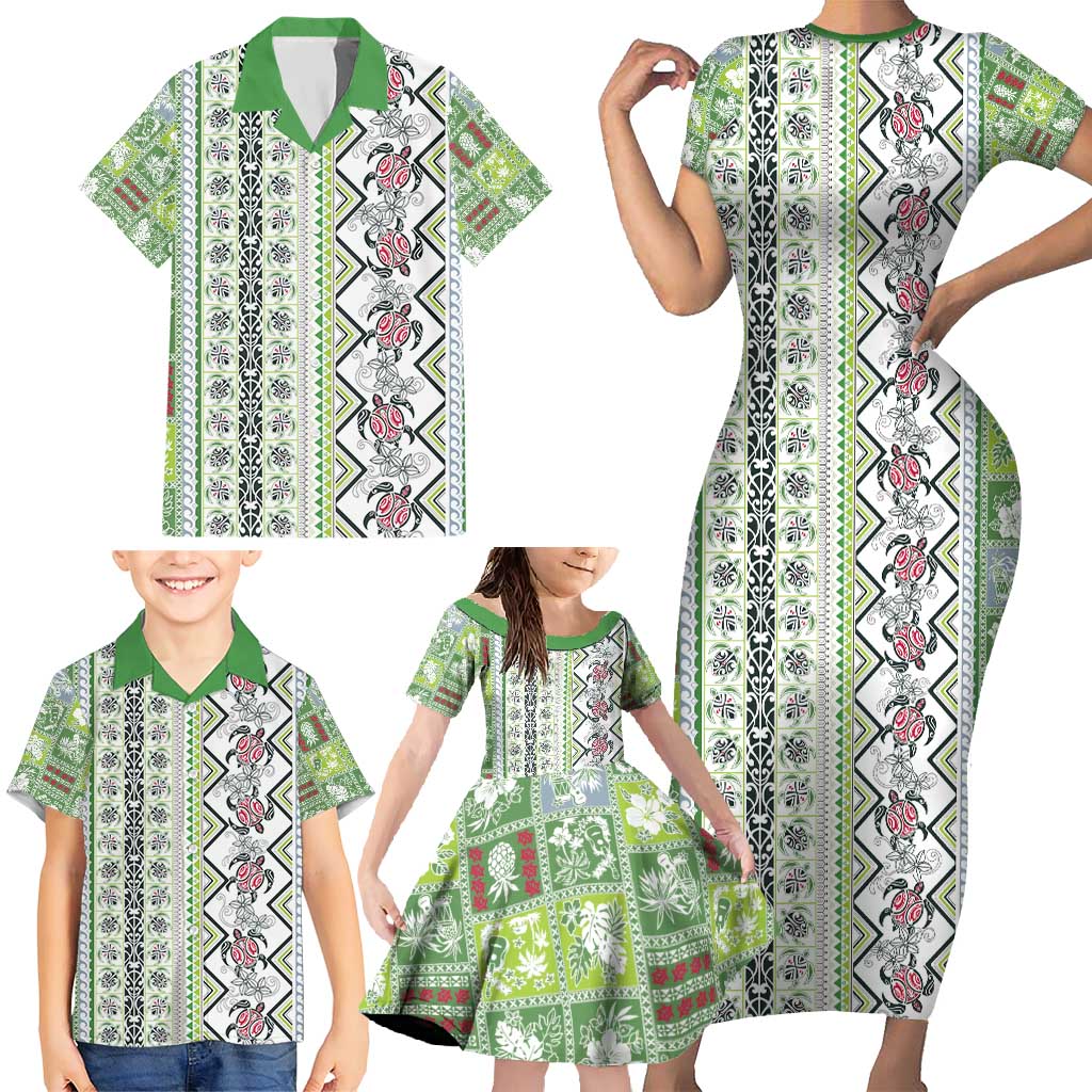 Hawaii Makahiki Turtle Family Matching Short Sleeve Bodycon Dress and Hawaiian Shirt Green Tapa Pattern - Polynesian Pride